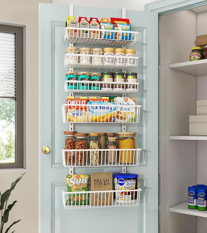 Mefirt Over The Door Pantry Organizer, 6-Tier Deep Baskets, White | Pantry Hanging Organizers and Storage, Adjustable Heavy-Duty Metal for Home & Kitchen, Back of Door Seasoning Rack