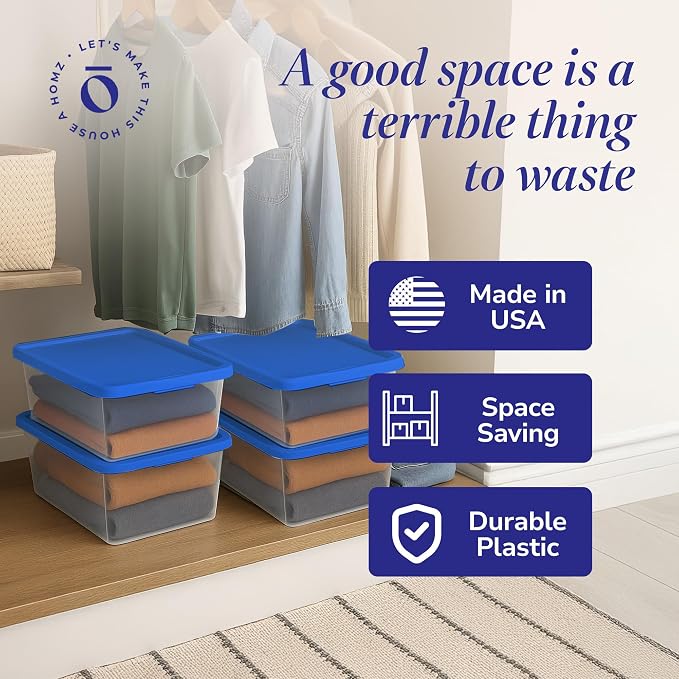 HOMZ Snaplock Clear Plastic Bin 12 Quart/3 Gallon | Storage Tote with Secure Lid | for Home, Office, Garage, Dorm Room Organizer | Stackable & Nestable | Blue Lid, Pack of 4