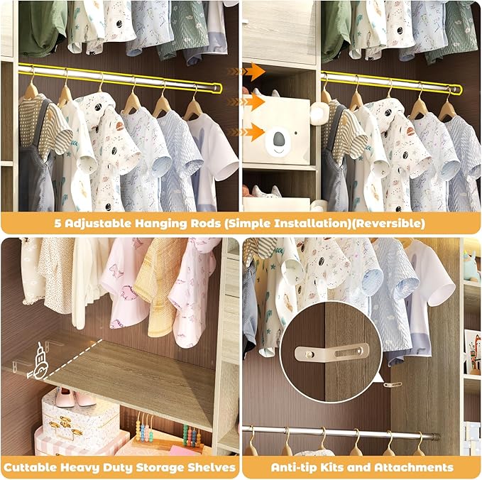 Besiost Closet System - 5-8FT Closet Organizer System with Wooden Drawers & Cube Storage Organizer, Up To 96" Closet Systems for Nursery & Walk-In Closets with Cuttable Hanging Shelving, Greige Oak