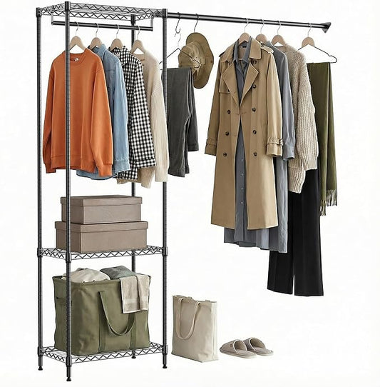 MZG Closet Organizer System, Freestanding Closet Storage System with Expandable Hanging Rod & Wire Shelves, No-Drill Closet Kit for Small Spaces, Bedroom & Apartment (13.8"D x 63.3"W x 82.4"H)