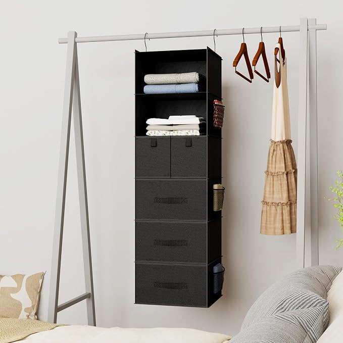 6-Shelf Hanging Closet Organizer with 5 Drawers, Non-Woven Storage, Black | Spacious compartments sort clothes & undergarments; foldable drawers add hidden storage for closets, wardrobes or RVs.