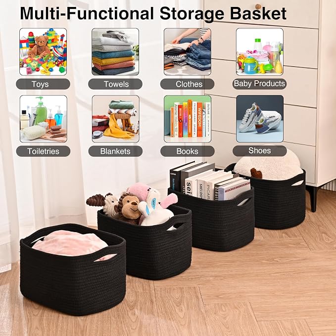 ICERZCZ Black Storage Baskets for Shelves, Small Storage Baskets for Organizing, Woven Cotton Rope Baskets for Storage, Book Basket, Decorative Shelf Basket, 12.5"Lx9.1''Wx7.9''H (4 Packs) Black