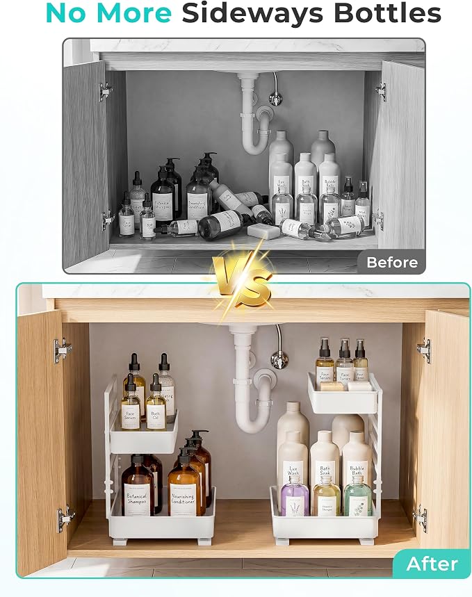 EVERIE Metal Pull Out Slide Shelf Organizer for Framed or Frameless Under Sink CabinetsOrganization in Kitchen, Bathroom, Counter, Cabinets (White, 1 Set)