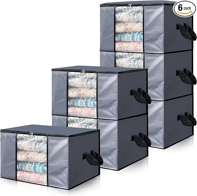 Cosy Family 6 Pack 90L Heavy Duty Extra Large Moving Bags with Reinforced Handle - Strong Handles & Zippers, Storage Totes For Space Saving, Fold Flat, Alternative to Moving Box, Grey