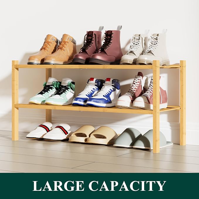 Smiry Bamboo Shoe Rack, 12 Vertical Slats, 2 Tier - 26.8" Wide, Natural | Stackable Free Standing Wooden Shoe Organizer, Wood Shoe Storage Shelf for Closet, Entryway