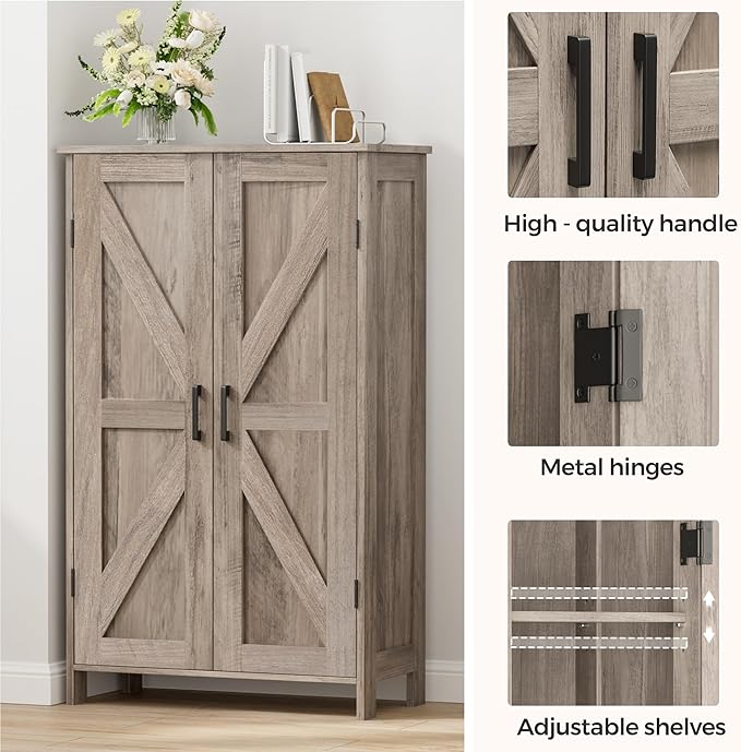 Homleke 43.3" H Farmhouse Bathroom Storage Cabinet with Adjustable Shelves | Freestanding Storage Cabinet with Barn Doors for Bathroom, Kitchen, Living Room, Dining Room & Entryway, Greige