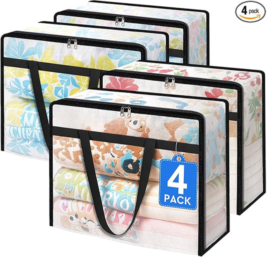 TasticTotes 4 Pack Clear Storage Bags for Comforter, Clothes & Bedding, 40L | Plastic Blanket Storage with Zipper & Handle, Foldable Moving Bags, Closet Organizer and Under-Bed Storage Containers