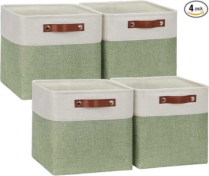 DULLEMELO Storage Baskets for Organizing, Fabric Storage Cubes for Box, 11 Inch Decorative Cube Storage Bins with handle for Gift Basket(4 Pack - 11" White&Green)