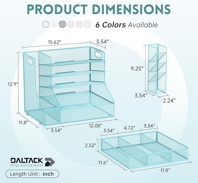 5-Tier Desk Organizer with File Holder & Pen Holder & Sliding Drawer, Blue | Mesh Metal Paper Letter Tray for Papers, Mail, Office Supplies, and Desk Accessories