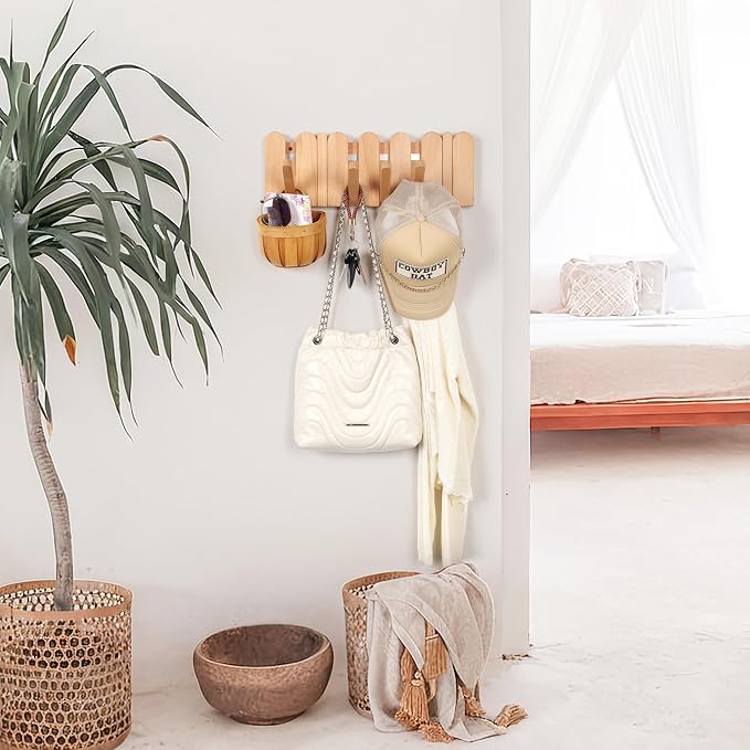 Wooden Boho Wall Mount Coat Rack 6 Hooks 16.8'' | Entryway Hanger with Magnetic Foldable Hooks Mounted, Space Saving for Hanging Jacket Bag for Apartments & Modern Homes