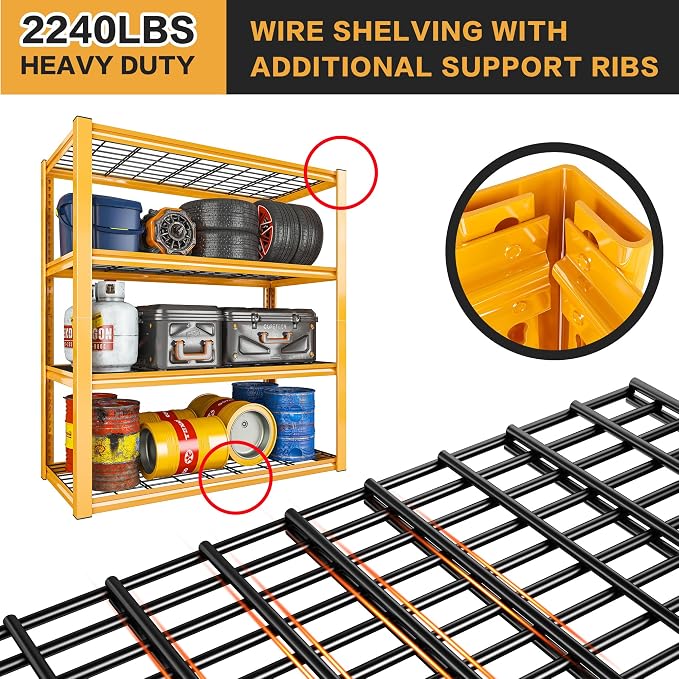 REIBII 40" W Yellow Garage Shelving with Double-Layer Frames for Homeowners | 2240Lbs, Adjustable, 10-Min Easy Assembly, Wire Mesh Panels, for Garage Basement Warehouse Commercial, 40"W×19.5"D×59.5"H, 3P