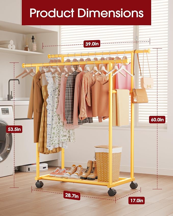 Sakugi Double Rods Clothes Rack - Metal Clothing Rack with Fixed Double Rods, Rolling Wheels & Built-In Shelf for Closet, Bedroom, Laundry Storage (39" x 17" x 60", Gold)