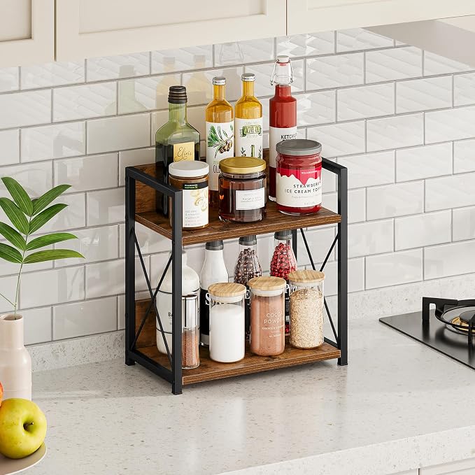 Giikin Kitchen Countertop Organizer, 2 Tier Spice Rack Organizer for Pantry, Kitchen Counter Shelf Wood Coffee Station Organizer (Brown, M)