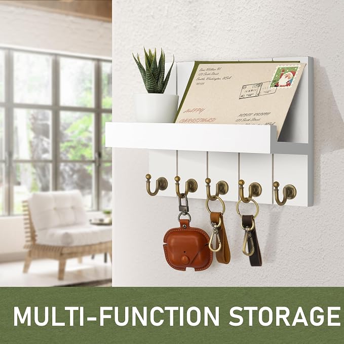 Rebee Vision Key Holder Wall Mount with 5 Key Hooks for Entryway, White | 3.54" x 10" x 7.28", Key Holder for Wall, Mail Organizer, Floating Shelf, Farmhouse Decor, Apartment Essential