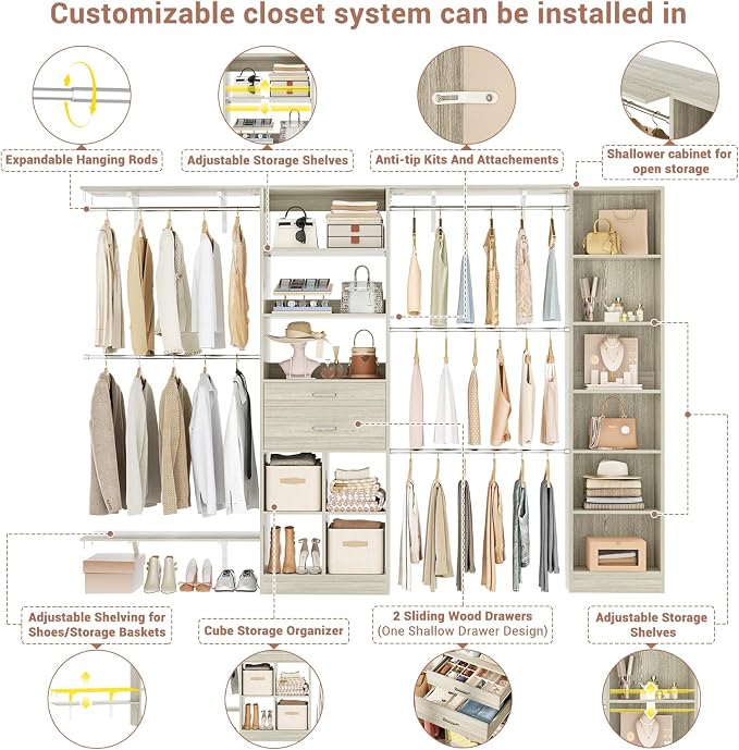 Besiost Closet System - 9.4FT/112" Closet Organizer System with Wooden Drawers,Closet Systems for Walk-In Closets with Hang Rods and Open Cabinet, Greige Oak