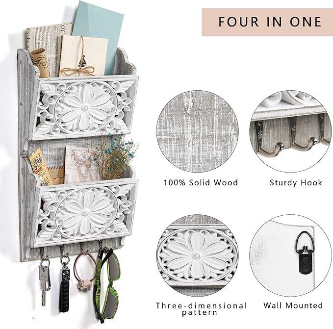 2-Slot Mail Organizer Wall Mount with 4 Hooks | Rustic Key and Mail Holder for Home Decorative, Wooden Key Hangers Wall File Organizer Letter Sorter for Letter Magazines