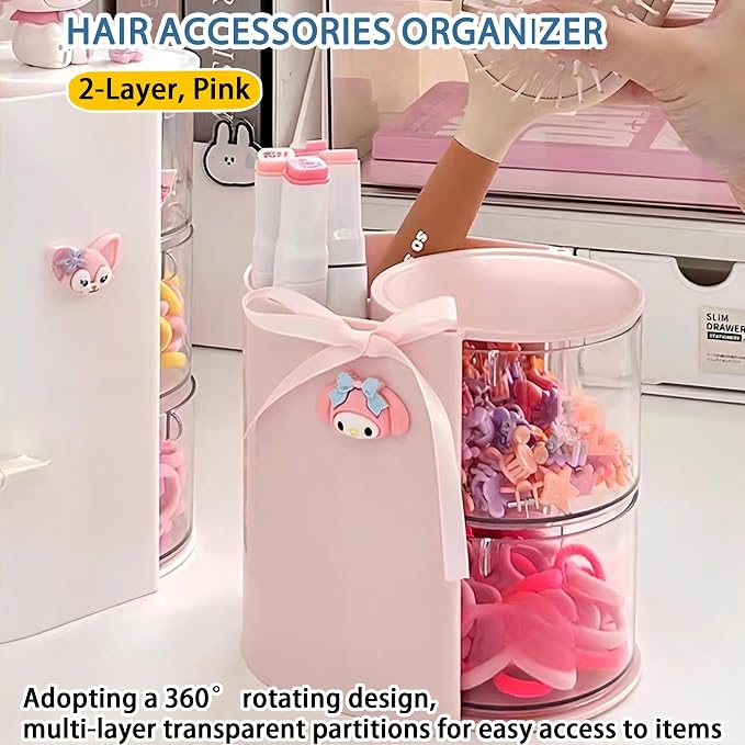 Azurphoric Hair Accessories Organizer with Hair Brush Holder(Pink, 2-Layer) | Rotatable Makeup Brush Holder for Necklaces, Earring, Bracelet, Ring, Makeup Brushes, Hair Clip and Hair Accessories