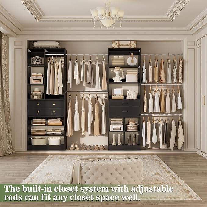 Besiost Closet System, Up to 128.6"/10.7 FT Closet Organizer with 4 Wooden Drawers and Shelves, Walk-in Closet System with 6 Hanging Rods, Built-in Closet Can Fit 96"/8FT, 120"/10FT, Black Set 2