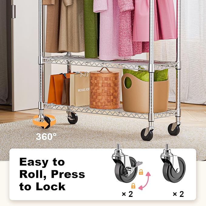 M MZG Heavy Duty Rolling Garment Rack 3 Tiers Adjustable Wire Shelving Clothes Rack with 1 Rods and Side Hooks,Storage Closet Clothing Rack with Wheels Chrome 15.7" D x 45.3" W x 75.6" H