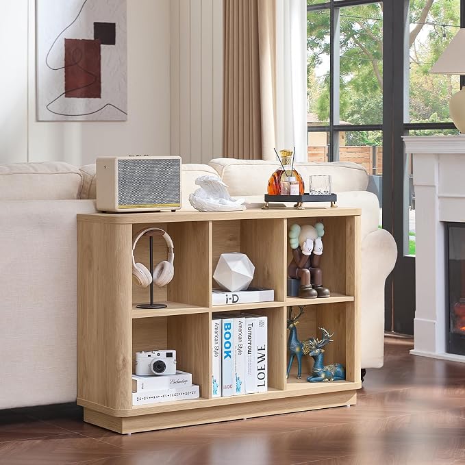 Joaxswe 6 Cube Storage Book Shelf, 40" Wide Low Horizontal Bookcase with Curved Edge, Floor Standing 2-Tier Wooden Bookshelf with Base, Modern Short Book Case for Bedroom, Study, Entryway, Natural Oak