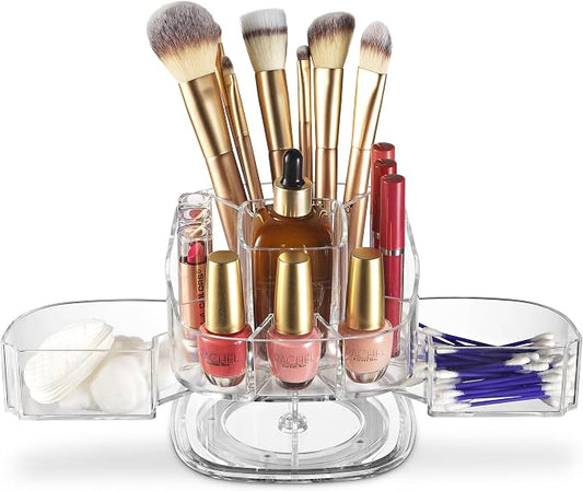 Masirs Small 360 Rotating Makeup Organizer, 5 Compartments, Square Clear | Small 360 Rotating Makeup Organizer, 5 Compartments, Acrylic Mini Lazy Susan, Vanity Bathroom Counter, Square Clear