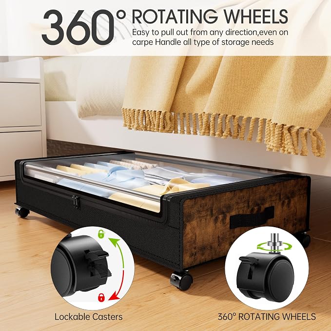 Yecaye Under Bed Storage with Wheels, 2Pack Under Bed Storage Containers, Underbed Shoe Storage Organizer, Rolling Under Bed Metal Drawers for Clothes, Blankets, Brown