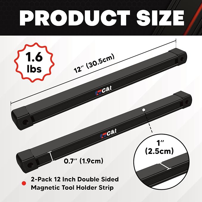 C&T 2-Pack 12 Inch Double Sided Magnetic Tool Holder Strip, Heavy Duty Ultra Strong Wall Mount Magnetic Tool Bar, Tool Storage Organizer for Garage, Workshop, Kitchen