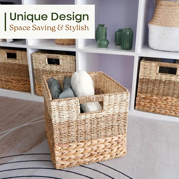 11x11 Wicker Storage Cubes Storage Baskets For Shelves Set 4 | 10.5 x 10.5 Water Hyacinth Storage Baskets Woven With Seagrass, Palm Leaf. Foldable Square Baskets With Carry Handles