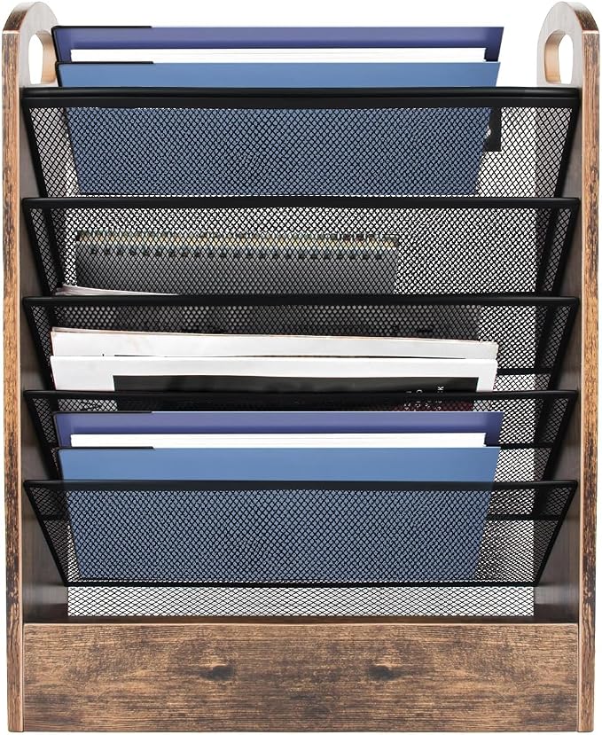 EHWINE Wall File Organizer, 6 Tier Hanging Wall File Organizer with Bottom Tray, Mail Organizer Wall Mount, Wooden Desk Organizer for Office or Home