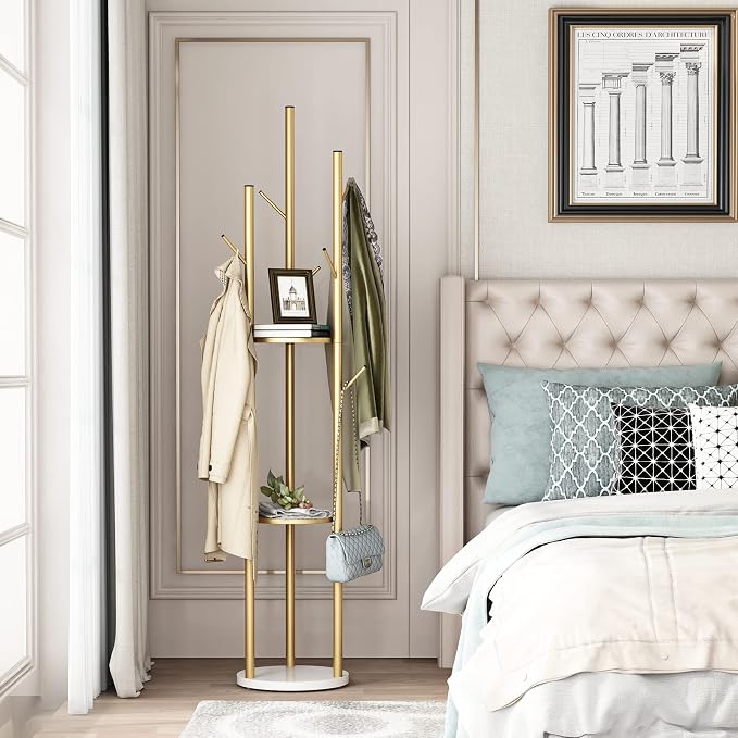 DOORXIFO Metal Gold Coat Racks Freestanding, Coat Hanger Stand, Hall Tree Rack for Hanging Hats, Scarves, Bags, Modern Coat Rack with Double Shelves, Corner Coat Rack, 9 Hooks, Gold