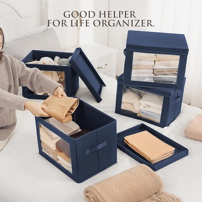 Homsorout Stackable Storage Bins with Lids - Large Storage Box with Lids, Foldable Closet Boxes for Organizing, Wardrobe Clothes Organizer with Window, Cubes Bins for Living Room, 4 Pack, Navy Blue