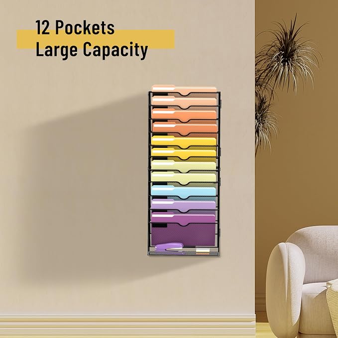 SUPEASY 12-Tier Wall File Organizer, Mesh Hanging Wall Mount File Holder | Paper, Folder, Magazine Rack Great for Office Home School, Assembly Needed, Black