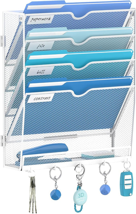 5 Tier Wall File Organizer - Hanging File Organizer with 5 Hooks, Mail Holder Wall Mounted for Papers, Folders, Magazines, Bills, Office&School Organization, White