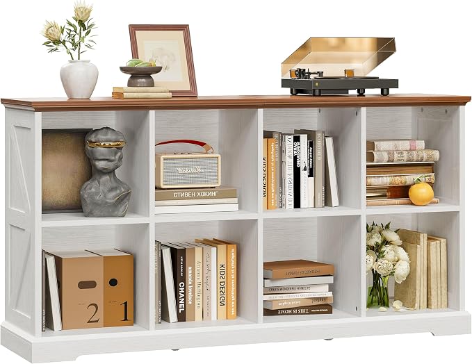 IRONCK 8 Cube Storage Organizer, Farmhouse Wooden Bookshelf with Storage | White finish, anti-tip design, wooden cube bookshelf unit for bedroom, living room, home office, display storage