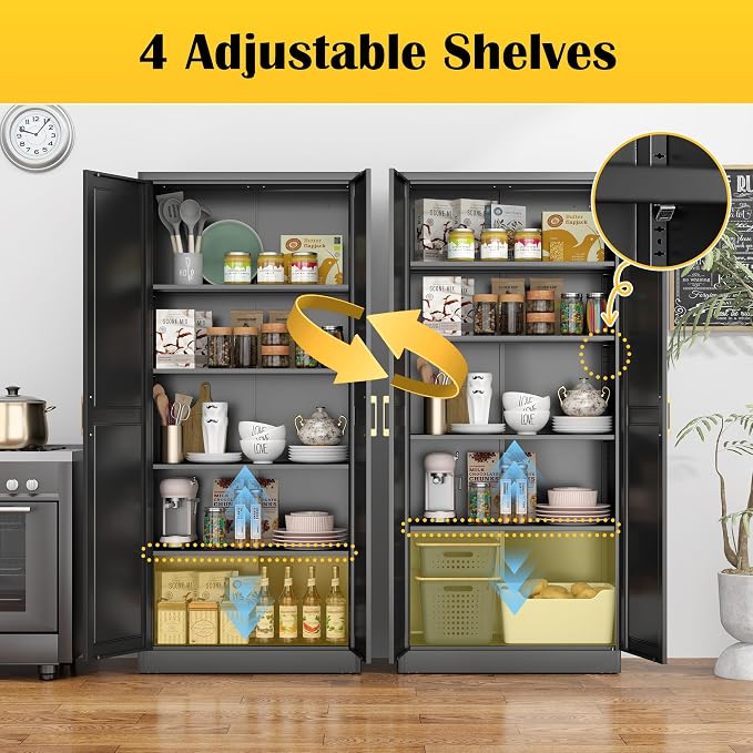 SteeLoong Kitchen Pantry Cabinet,71”Black Metal Pantry Storage Cabinet with Doors and 4 Adjustable Shelves,Kitchen Cabinet with 2 Gold Handles,Tall Cabinet for Livingroom,Pantry, Bathroom