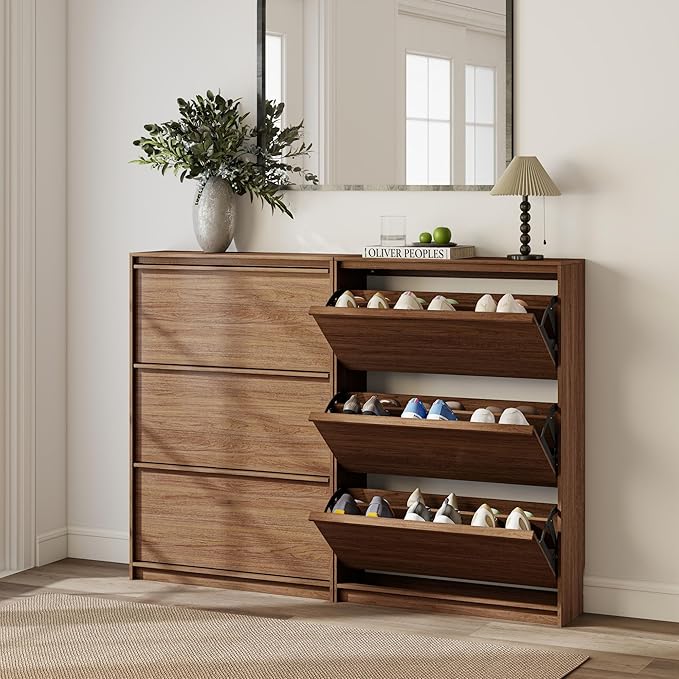 Shoe Cabinet with 3 Flip Drawers, 31.5" W Narrow Shoe Storage Cabinet for Entryway, Slim Shoe Organizer with Adjustable Shelves, Freestanding Shoe Rack for Hallway, Living Room, Walnut