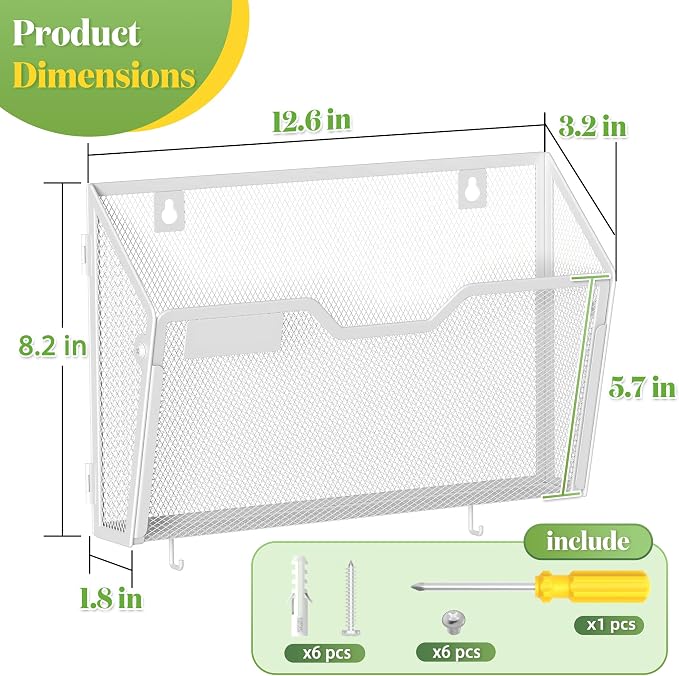 YINGHUA 3 Pack Wall Mounted Mesh File Folder Organizer with Hooks, White | 12.6" durable metal hanging baskets. Perfect vertical storage for mail, magazines and papers in office, home or school.