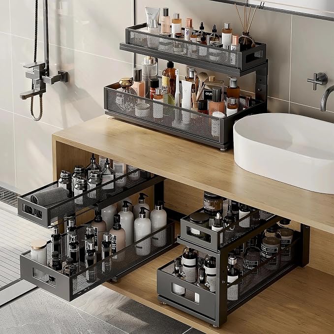 2 Pack 21.3IN-Depth Under Sink Organizer with Next-Gen Ball-Bearing Slides,2-Tier Pull Out Cabinet Storage,Height Adjustable Drawer Shelf for Bathroom,Kitchen,Laundry,Cabinet,Pantry-Black