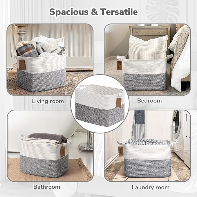 Goodpick Woven Storage Basket with Handles, Cotton Rope, Light Gray | 50L, 18 x 14 x 12 in, Rectangle, Blankets, Toys & Home Essentials Storage, Living Room, Bedroom & Nursery Organization