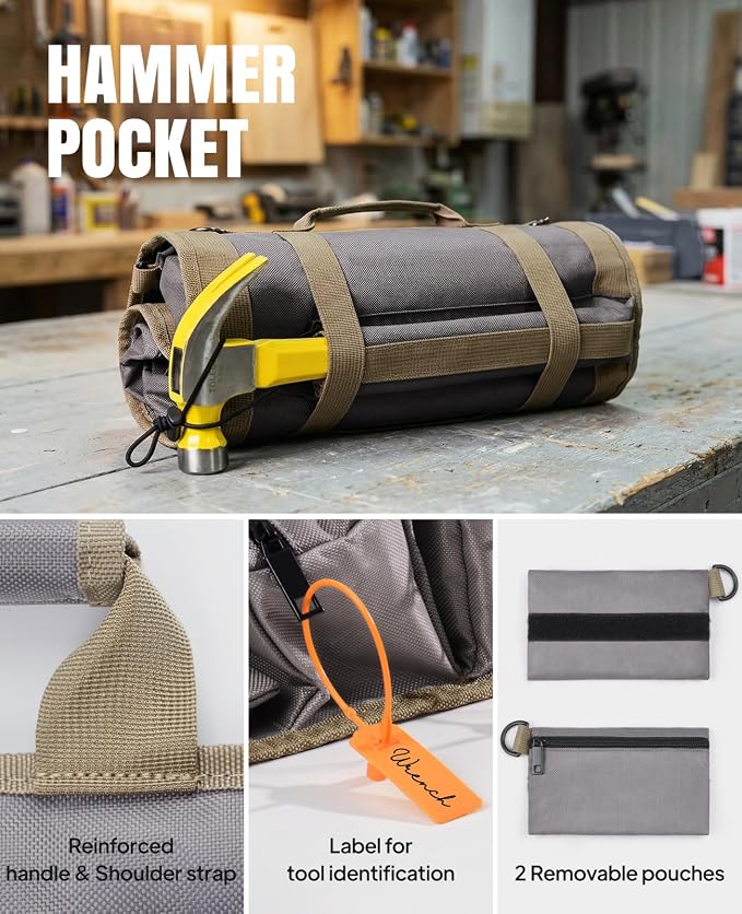 Tool Roll Up Bag, 1680D Heavy Duty Tool Bag Organizer with 2 Detachable Tool Pouches & Multiple Pockets, Waterproof Motorcycle Tool Roll for Mechanic & Electrician, Gift for Men Him Dad, 21.9"*13.8"