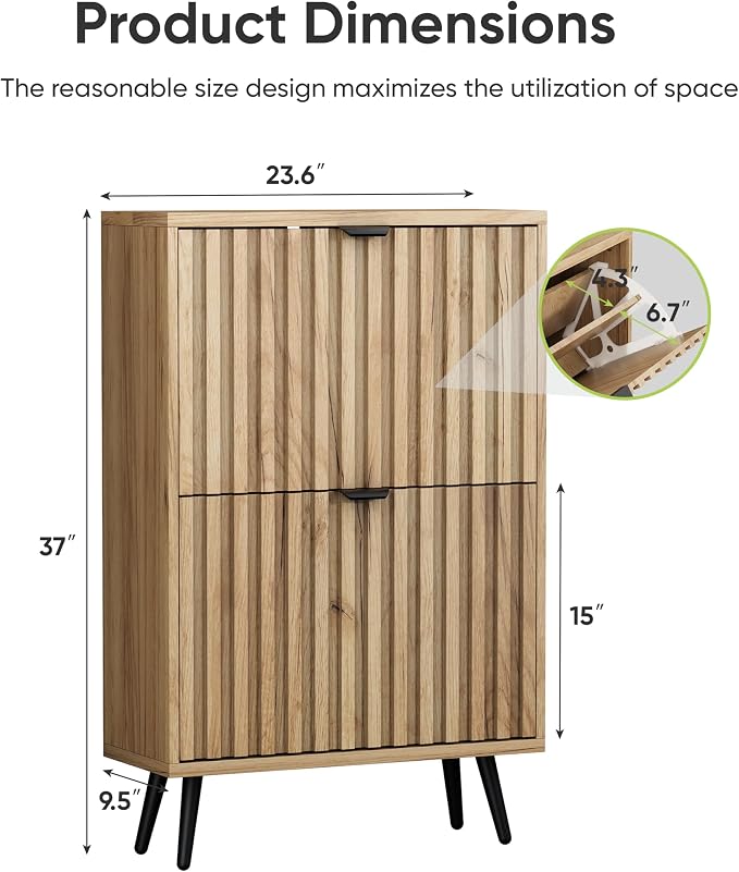Shoe Storage Cabinet, Fluted Shoe Cabinet Storage for Entryway, Hidden Shoe Cabinet with Metal Legs,Shoe Organizer Cabinet with Flip Doors, Slim Entryway Shoe Storage Cabinet,Natural Wood-23.5in