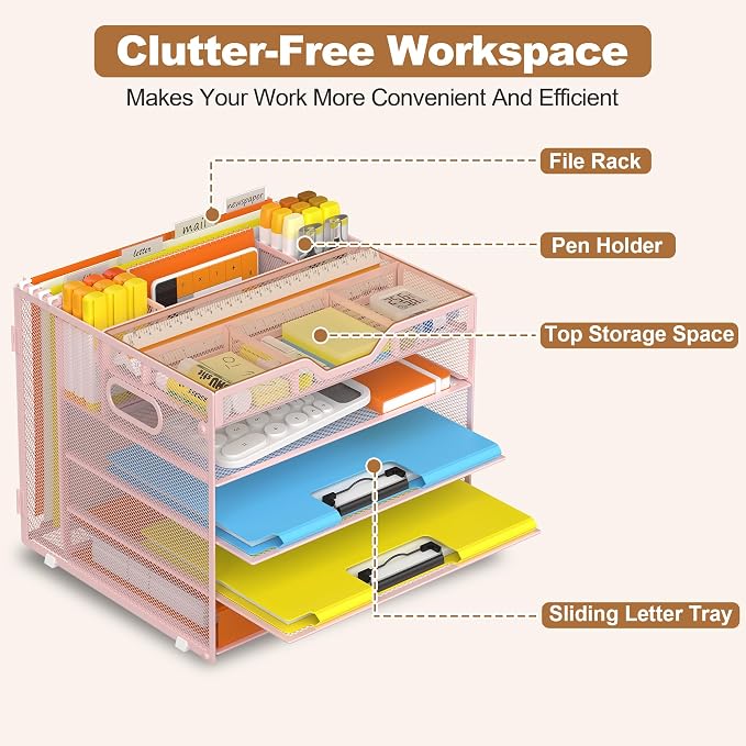 Docnest 5 Tier Desk Organizer with Hanging File Folder Holder&Tray, Pink | Features 3 detachable pen holders and 4 removable dividers.Versatile mesh desktop storage for mail, document,office supplie
