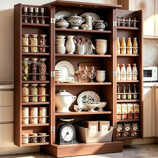 kepptory 47" Kitchen Pantry Cabinet with Doors and Adjustable Shelves, Freestanding Pantry Storage Cabinet, Farmhouse Buffet Cupboard for Kitchen, Dining Room, Living Room, Grey (Brown)