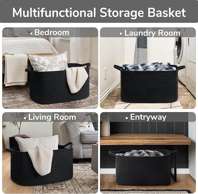 Goodpick Large Woven Blanket Storage Basket, Rectangle Storage, Black | 21.6 x 14.9 x 11.8 in, Reinforced Handles, Blankets, Toys & Pillows Storage, Living Room, Bedroom & Nursery Organization