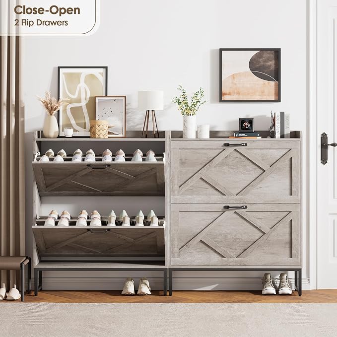 Nicetree Shoe Storage Cabinet with 2 Flip Drawers, Entryway Organizer, Gray | Slim Shoe Cabinet with Metal Legs, Narrow Farmhouse Shoe Organizer for Entryway, Foyer, Hallway, Wood Shoe Rack with Hook