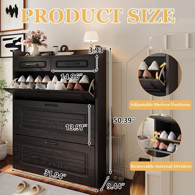 ODUWA Shoe Cabinet with 3 Flip Drawers and 2 Storage Drawers, Shoes Organizer Cabinets with Adjustable Divider, Hidden Shoe Storage Cabinet for Entryway, Hallway, Living Room, Black