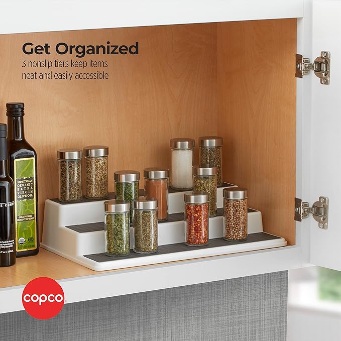 Copco 3-Tier Spice Rack Organizer for Cabinet - 15 Inch Non-Skid Pantry Organizer and Storage Shelf for Spices, Canned Goods, Seasonings - White and Gray Kitchen Cabinet Organizer
