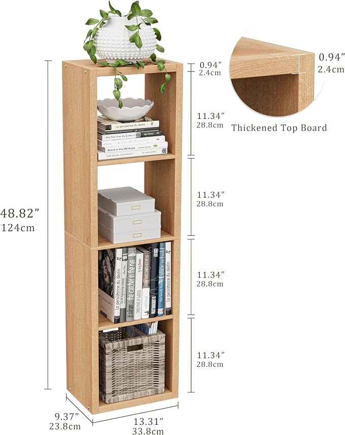 VDNEND Cube Storage Organizer Bookcase, Small 4 Tier 11 inch Open Back Cubical Shelf with Thickened Border, Display Bookshelf for Living Room, Home Office, Sturdy Room (Natural Oak, 4 Cube,Vertical)