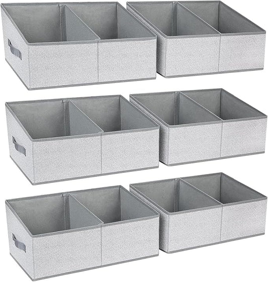 DIMJ Large Closet Shelf Organizer Bins 6 Packs with Handles and Divider, Fabric Trapezoid Storage Baskets, Foldable Clothes Containers Box for Shelf, Towel, Book, Toy, Purse, Hats, Grey
