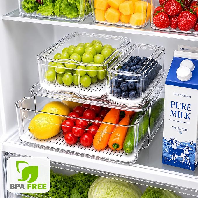 SMRCAD 8 Pack Clear Fridge Organizer Bins with Drain Trays - Stackable | BPA-Free PET, 8 Pack: 1 Drawer + 7 lidded Bins, Helps Keep Produce Fresh, 18.3L Capacity, Hand Wash Only